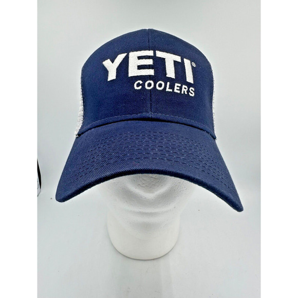Yeti Coolers Mesh Snapback Trucker Hat Blue White Logo Baseball Cap Embroidered - Picture 1 of 7